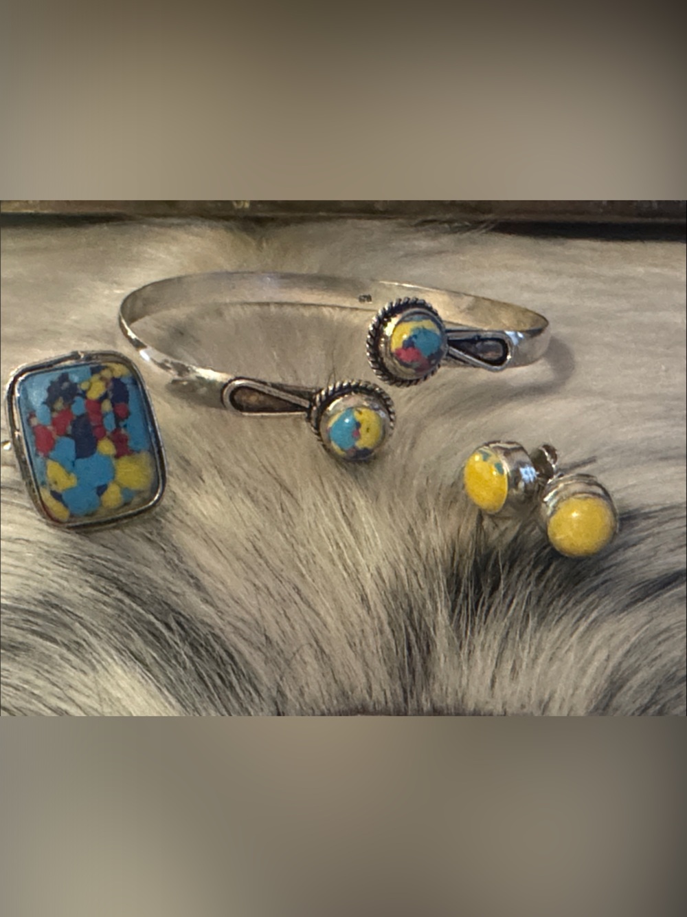 Sterling Silver Multicolor and Yellow Stone Bracelet & Earring Set